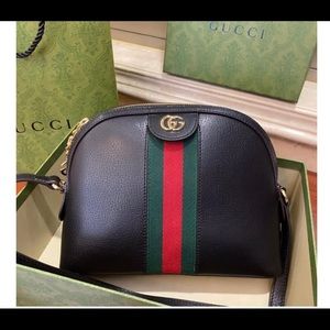G logo genuine kid leather small Ophidia bag. Red green stripe.